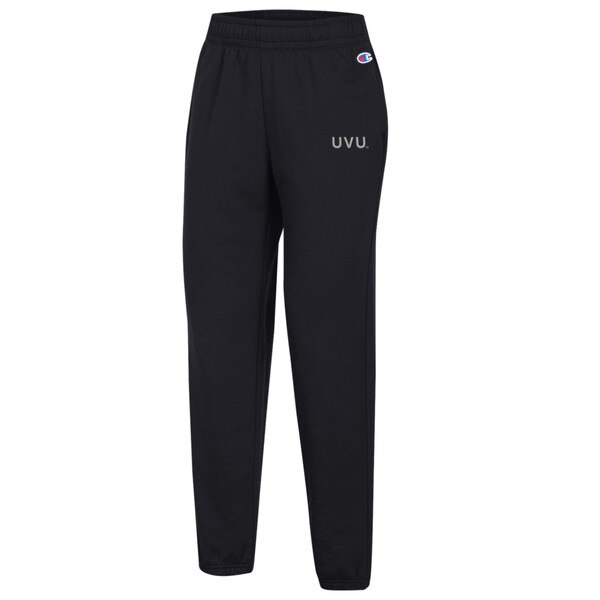 black jogger sweats with a tie on the inside of the waist band and a small tan embroidered UVU on the left thigh